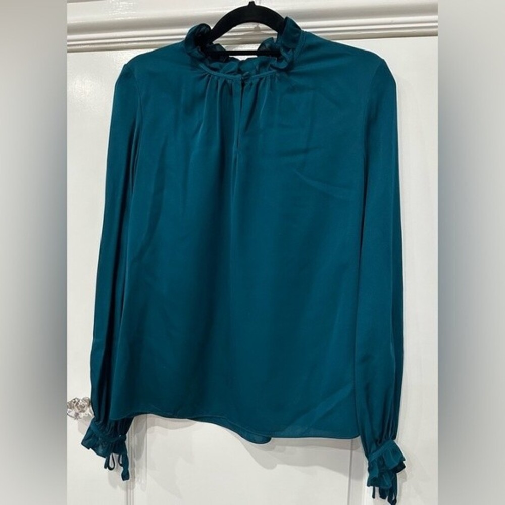 Milly Emerald Green Ruffle Neck Silk Blouse Size Small